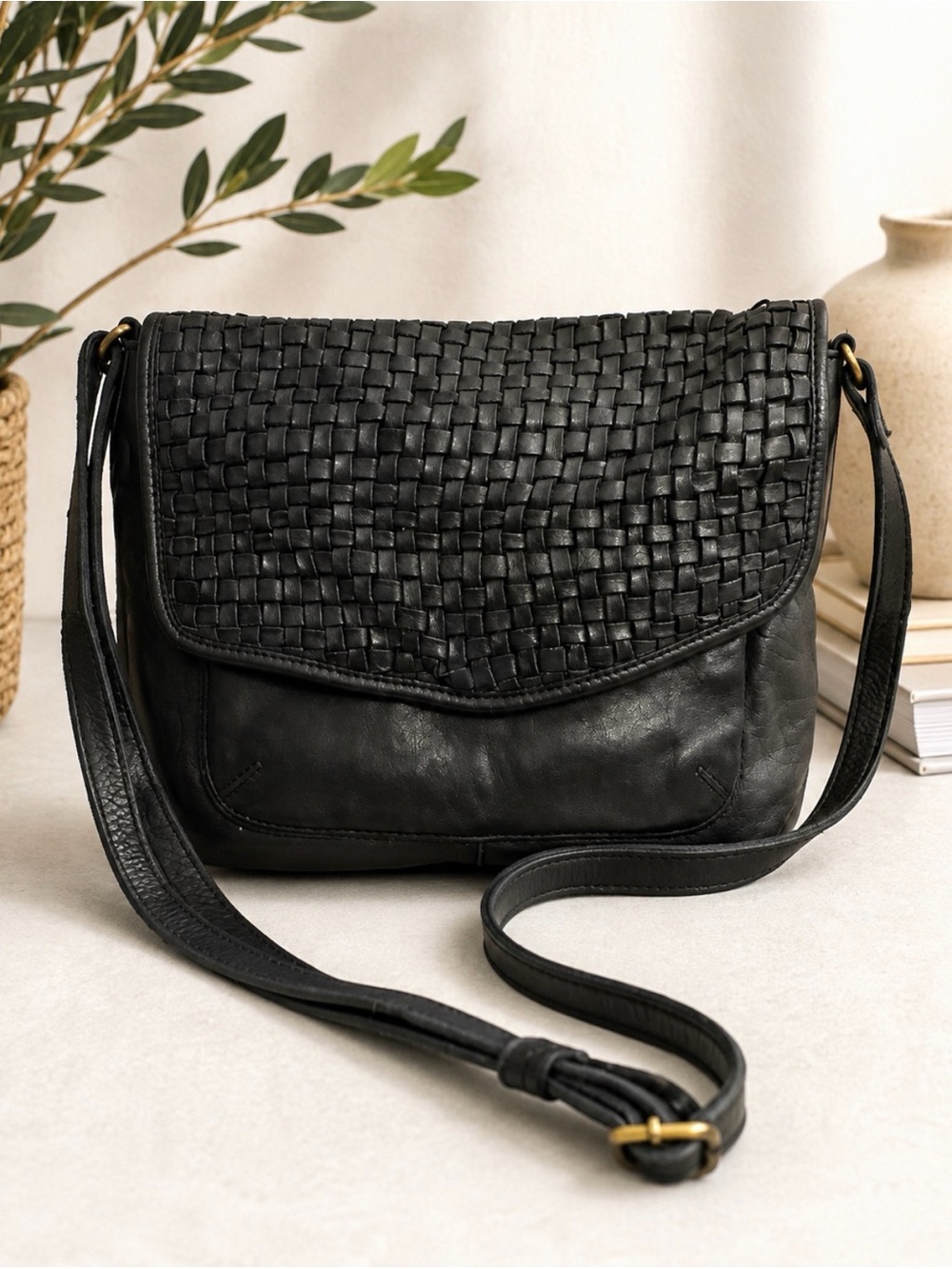 Woven Flap Black Leather Crossbody Bag